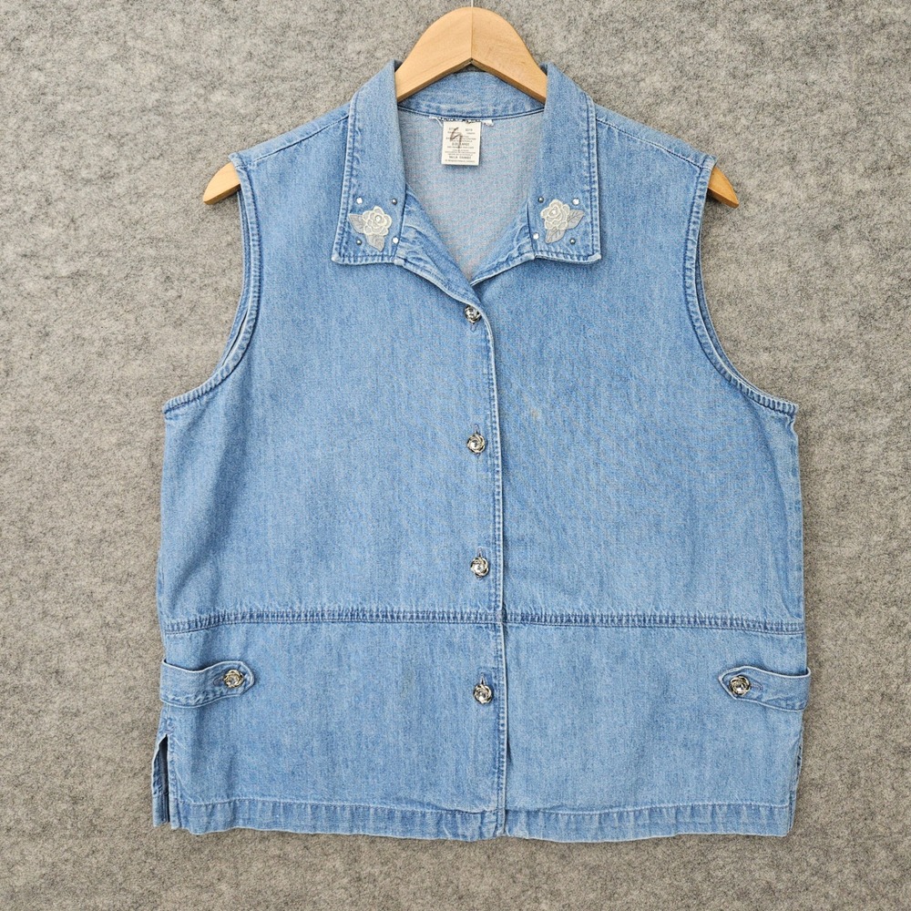 Denim Vest‎ Women's Large Light Blue Floral Embroidered Rhinestone Button SPOTS